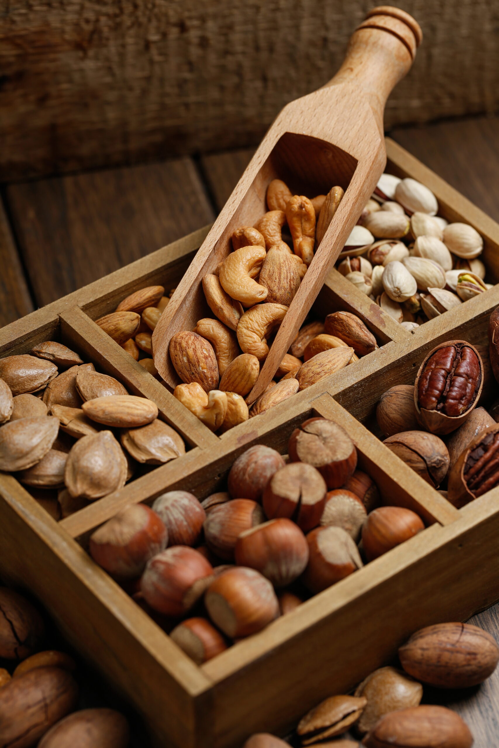 Various nuts in wooden box